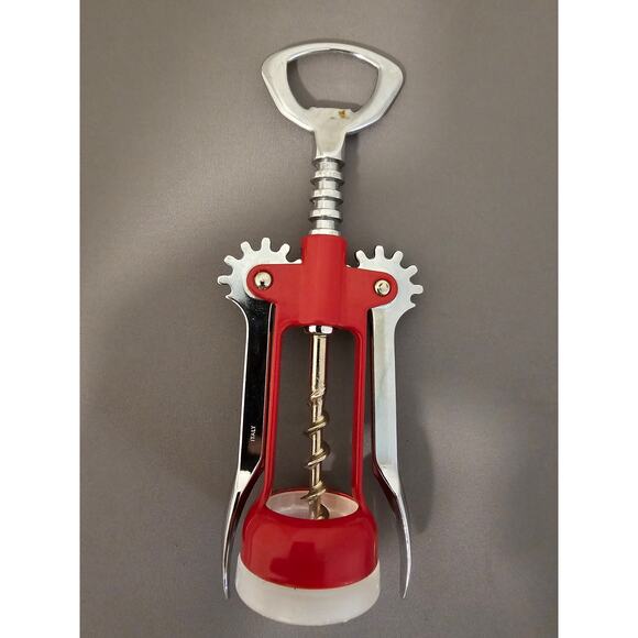 Red/Silver Corkscrew Wine Bottle Opener w/Fins - Push Down - 6-1/2" - Italy - Picture 4 of 9